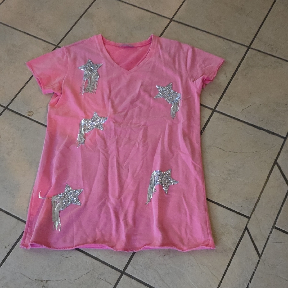Pink Star Appliqué V-Neck Dress with Silver Fringe